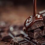 hyper realistic photo melted chocolate pouring into piece chocolate bars copy space copy space text