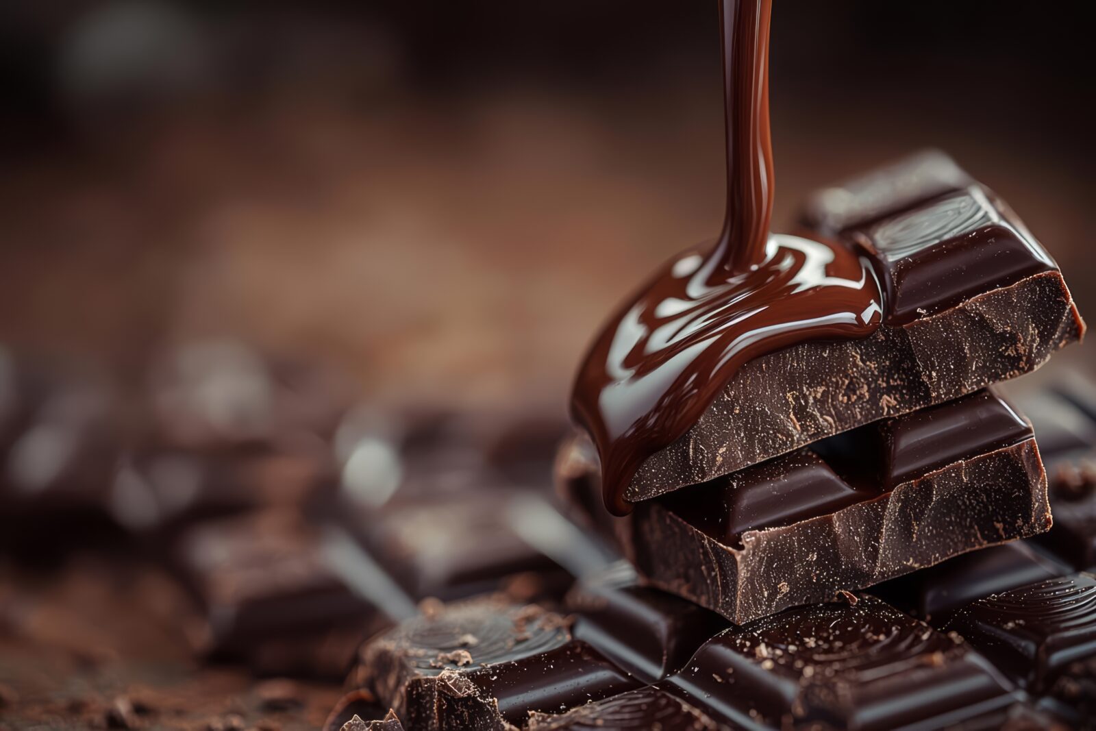 hyper realistic photo melted chocolate pouring into piece chocolate bars copy space copy space text